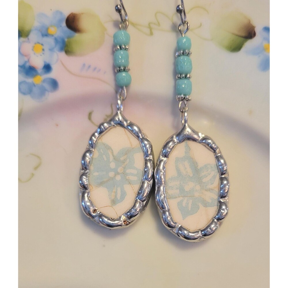 Broken China Matceramica Blue Flower Soldered Earrings
